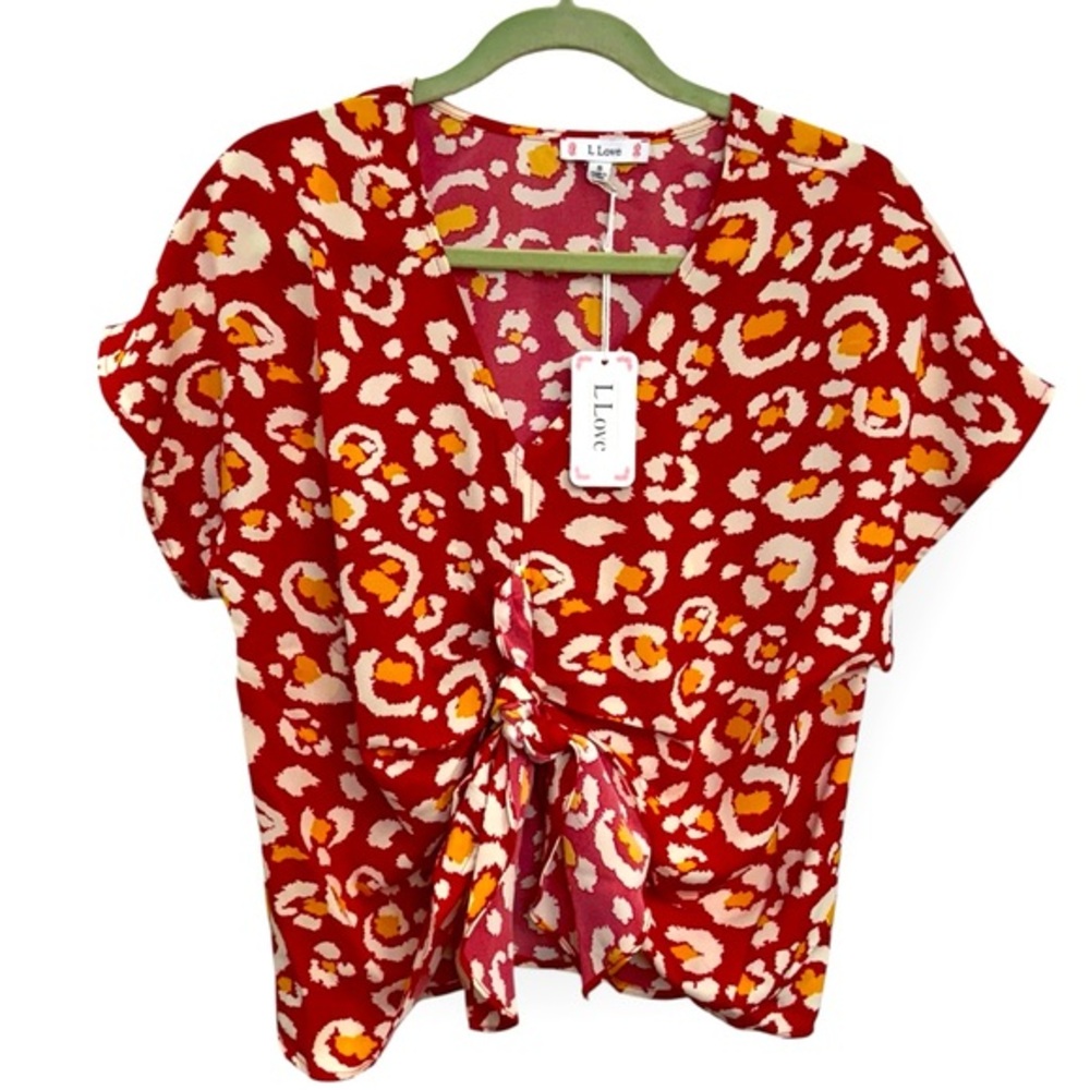 L Love Women’s Red, Yellow and‎ Cream Patterned Tie-Front Blouse Size S *2119